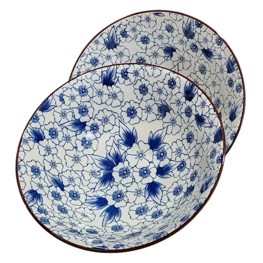 SH Home Blue Floral Ceramic Ramen Noodle Bowl Set of 2 With Chopsticks And Spoon